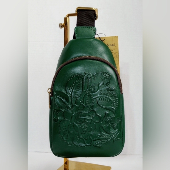 NWT Patricia Nash Marisol Tooled Leather sling bag, Soft Green - Picture 2 of 10